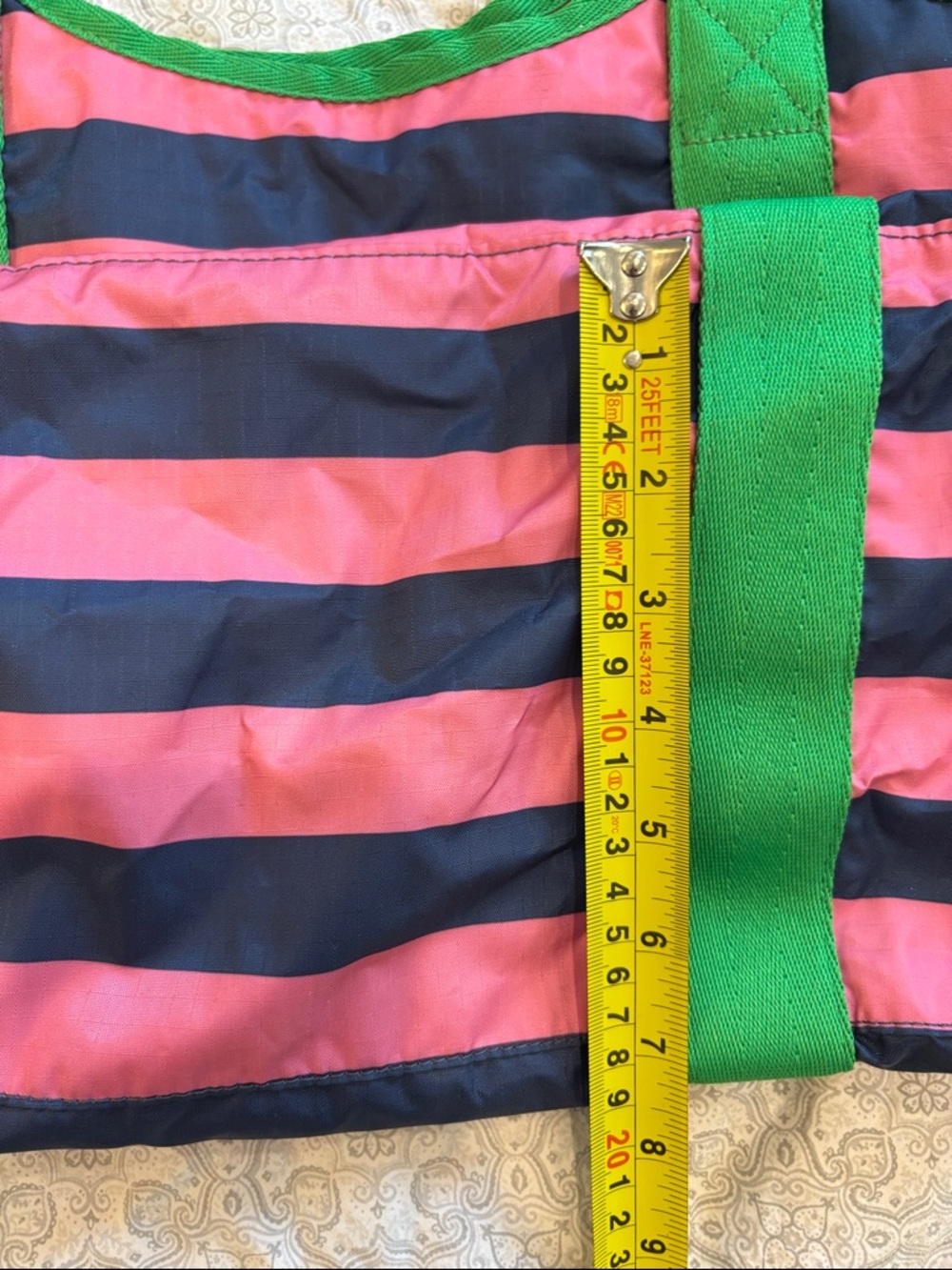 LeSportsac tote pink and blue stripes with green trim - Picture 5 of 11